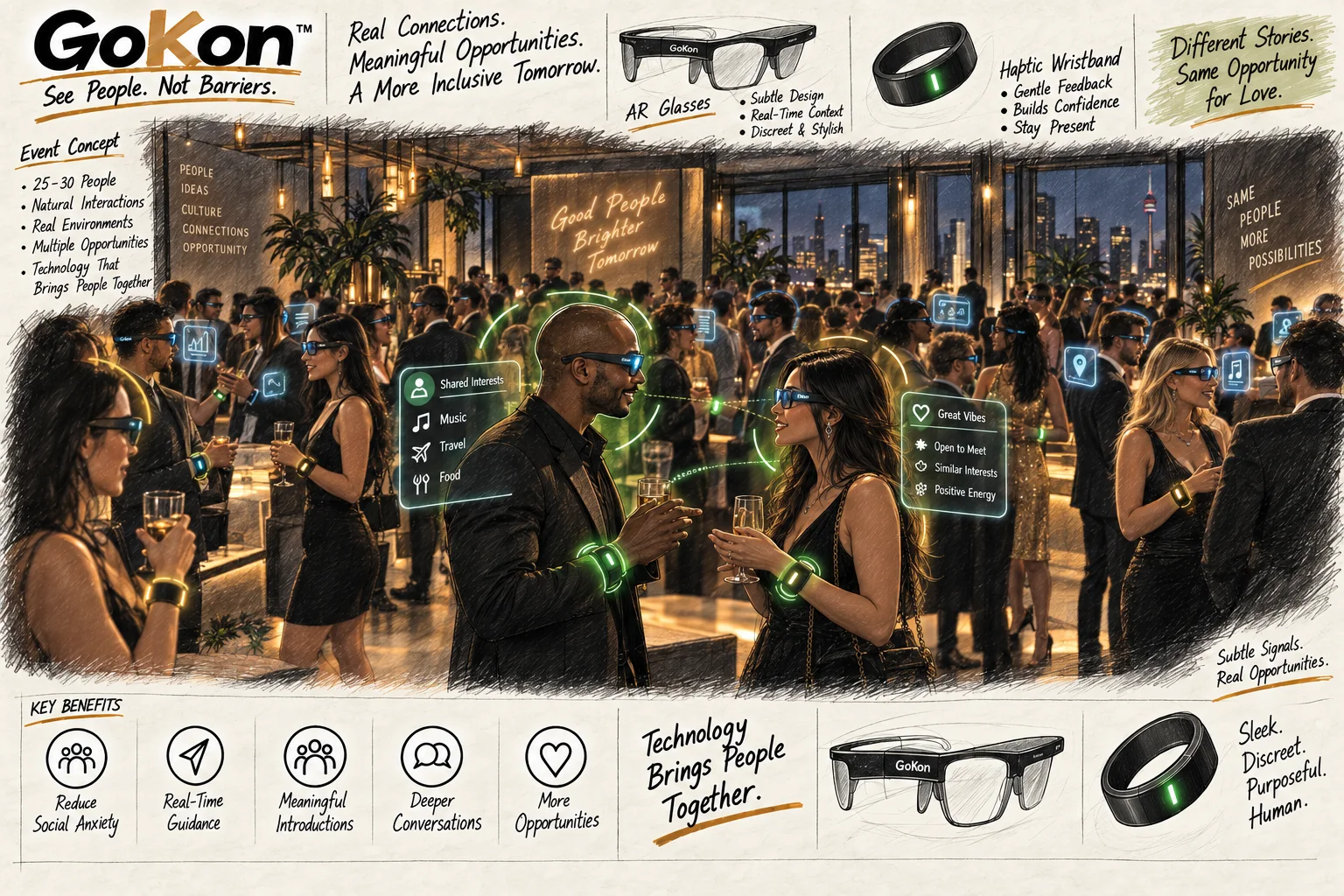 GoKon event concept board showing a crowded social gathering with compatibility overlays