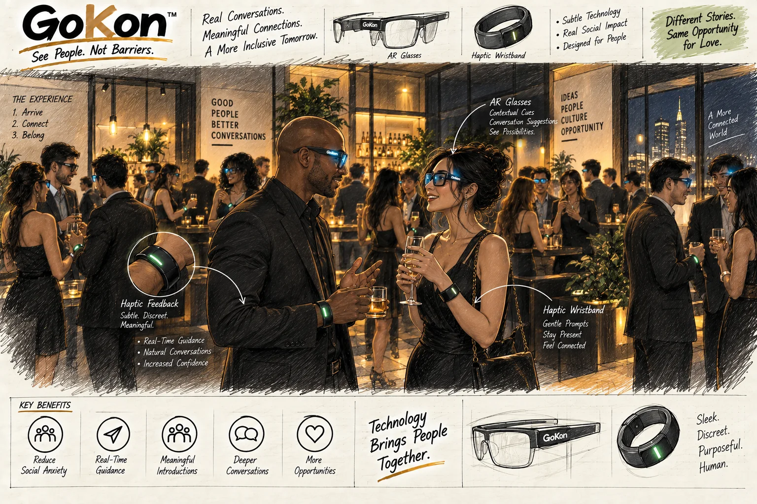 GoKon social event scene showing people wearing AR glasses and haptic wristbands