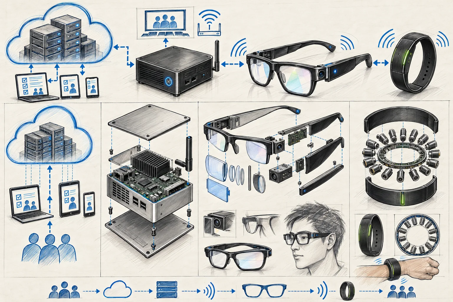 GoKon system architecture board showing the cloud server, edge mainframe, AR smart glasses and haptic wristband