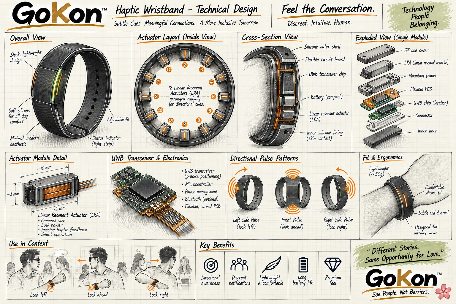 GoKon haptic wristband technical design board with actuator layout and ergonomics