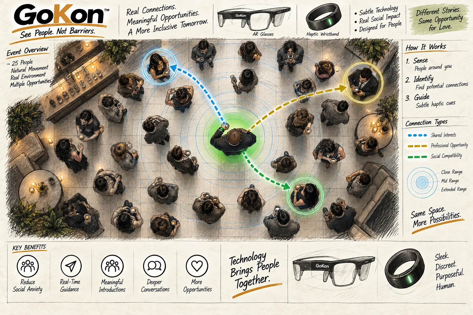 GoKon event overview board showing proximity sensing and compatibility mapping inside a social space